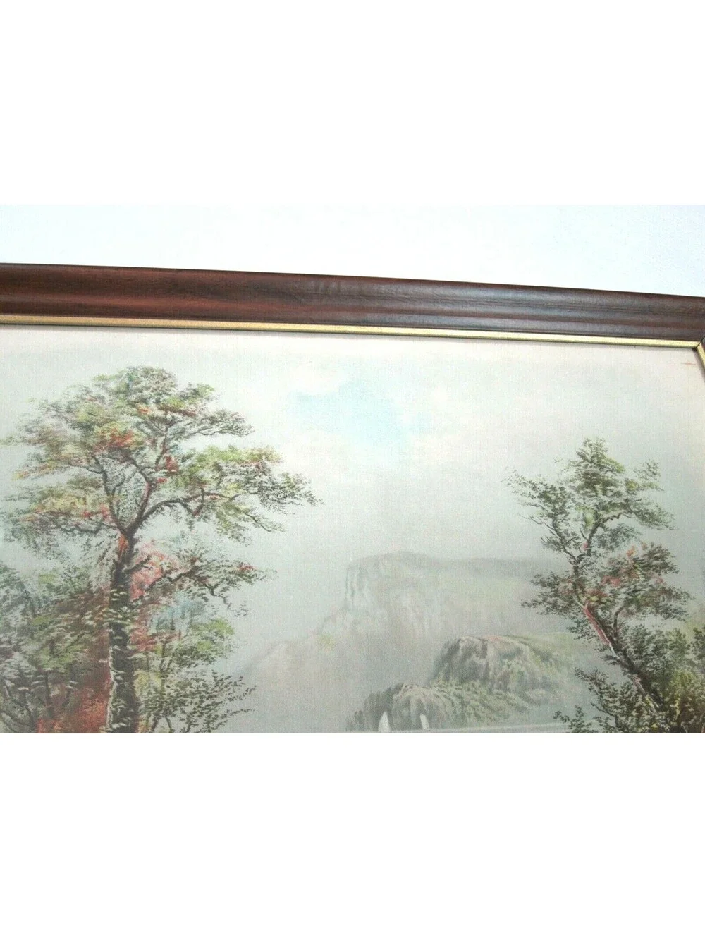 Antique RAYMOND Litho Art Print Country Lake Mountain Cattle Boat 22x18 Framed